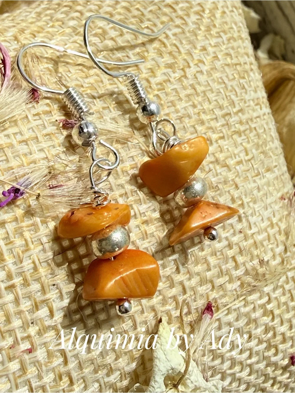 Alquimia Tangerine Shell Chip Drop Earrings with Silver Accents